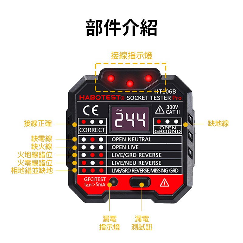 美規工業插座檢測器 WH106 蓋斯工具 插座測試儀 火線地線中線 相位探測 檢測器 相位測試器 附漏電流檢測-細節圖5