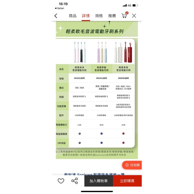 全新保固兩年Philips 飛利浦 Sonicare輕柔舒敏音波震動牙刷HX2411/03小羽刷hx2421-細節圖5