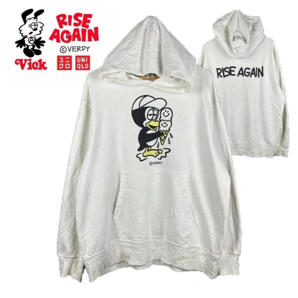 UNIQLO Verdy 企鵝 RISE AGAIN 帽T 尺寸S (連帽 外套 夾克 保暖 白色)-細節圖3