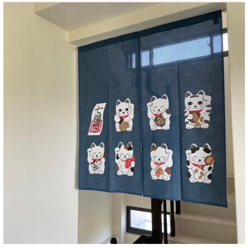 日本製 招財貓日式門簾-七福貓(橘短/藍短)｜居家裝飾 遮擋門簾 招財貓門簾 棉麻門簾 Bu媽你好-細節圖4