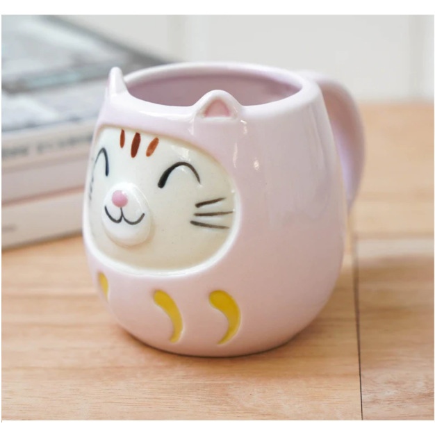 現貨 日本製 貓咪達摩 馬克杯 粉紅色/黃色/綠色/紅色 | 達摩 貓奴 日本製造 陶器 陶瓷 咖啡杯 Bu媽你好-細節圖2