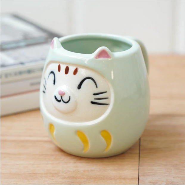 現貨 日本製 貓咪達摩 馬克杯 粉紅色/黃色/綠色/紅色 | 達摩 貓奴 日本製造 陶器 陶瓷 咖啡杯 Bu媽你好-細節圖3