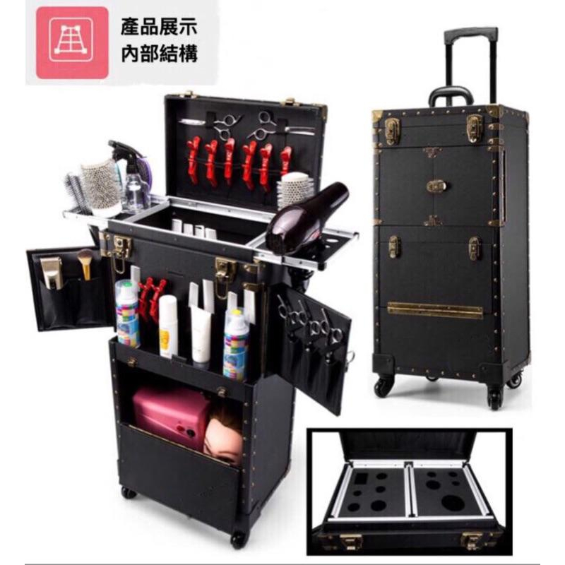 【促銷活動】日本質量潮流高檔 美髮工具箱 復古髮型師專用 拉桿箱 新款多功能推剪剪刀包美容工具盒 美髮工具車-細節圖5
