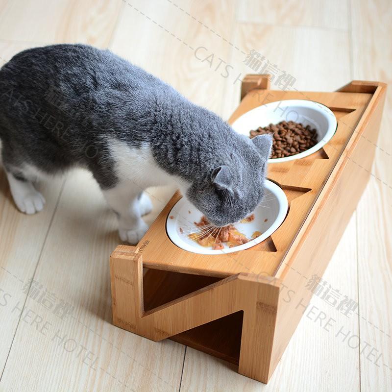 【貓咪用品】貓這裡 在台現貨 實木斜面可調節高度貓碗 寵物餐桌 寵物碗架 寵物碗 貓咪碗 陶瓷碗 【附陶瓷雙碗】-細節圖6