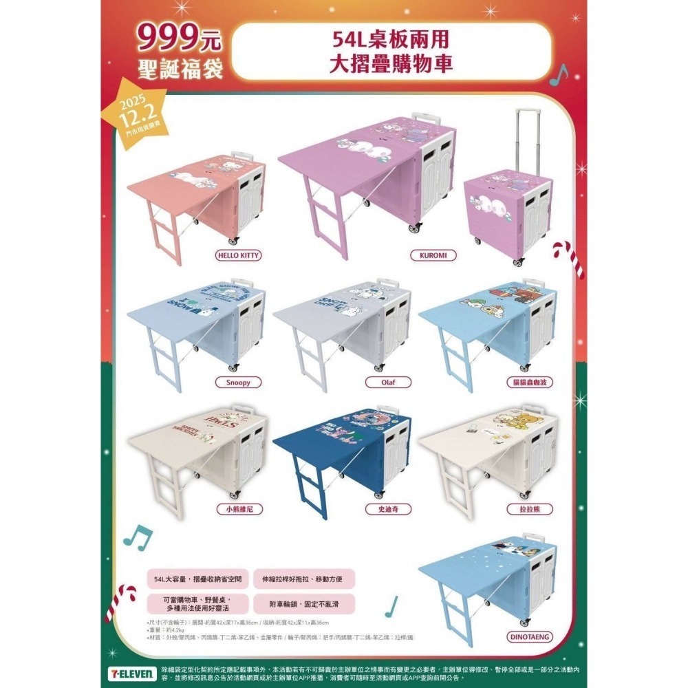 7-11 2025年☆聖誕福袋☆54L桌板兩用大摺疊購物車【特價1250元】全新未拆/限量福袋/抽獎/Kitty史努比-細節圖2