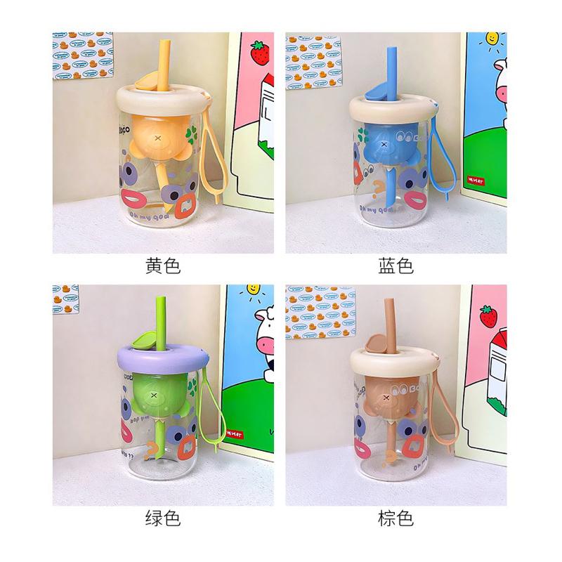 ｛包BQ} 🤪搞怪醜萌小熊茶隔玻璃瓶吸管杯隨身攜帶外出方便👍❤️隨機附贈杯刷/可愛貼紙❤️［預購款］-細節圖4
