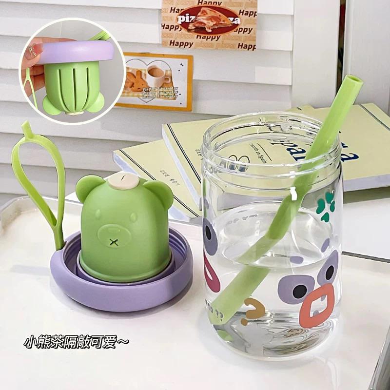 ｛包BQ} 🤪搞怪醜萌小熊茶隔玻璃瓶吸管杯隨身攜帶外出方便👍❤️隨機附贈杯刷/可愛貼紙❤️［預購款］-細節圖5