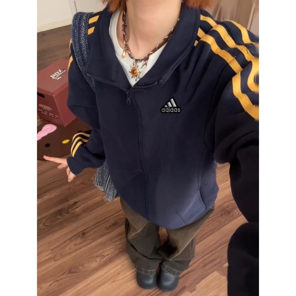 【季得運動】Adidas美式情侶復古休閒立領外套 藏青色*M-XL。51035C-細節圖2