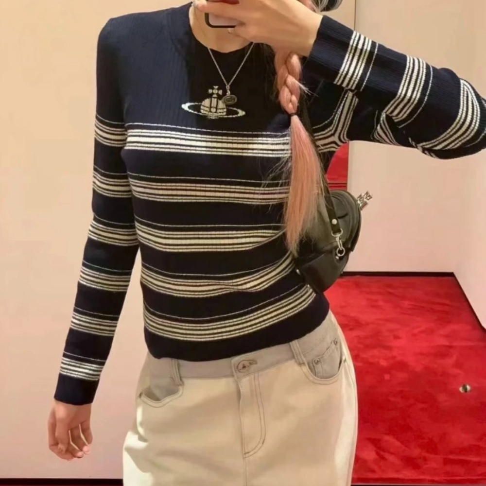 【季得運動】vivienne westwood 25經典土星條紋圓領羊毛針織衫長袖 白色藍色。51280C-細節圖2