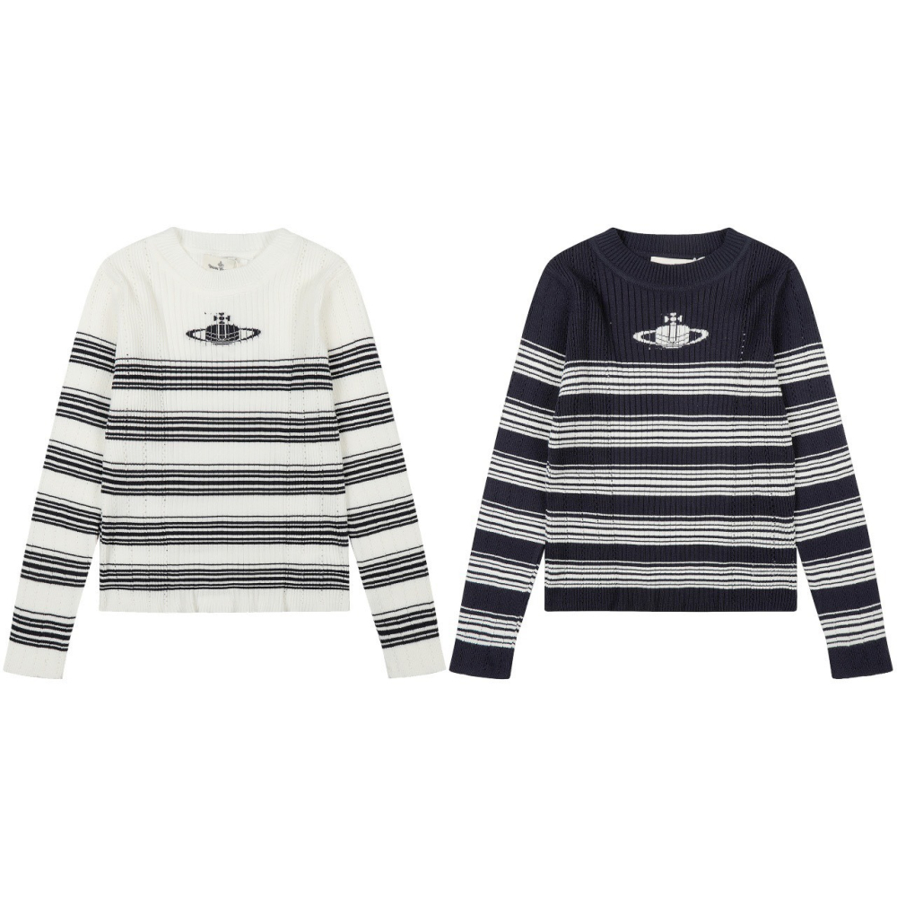 【季得運動】vivienne westwood 25經典土星條紋圓領羊毛針織衫長袖 白色藍色。51280C-細節圖5