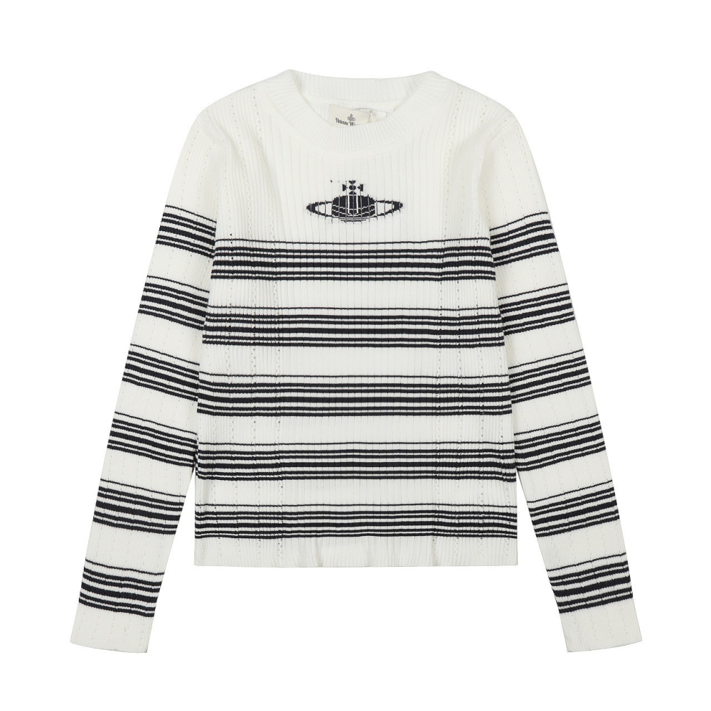 【季得運動】vivienne westwood 25經典土星條紋圓領羊毛針織衫長袖 白色藍色。51280C-細節圖7