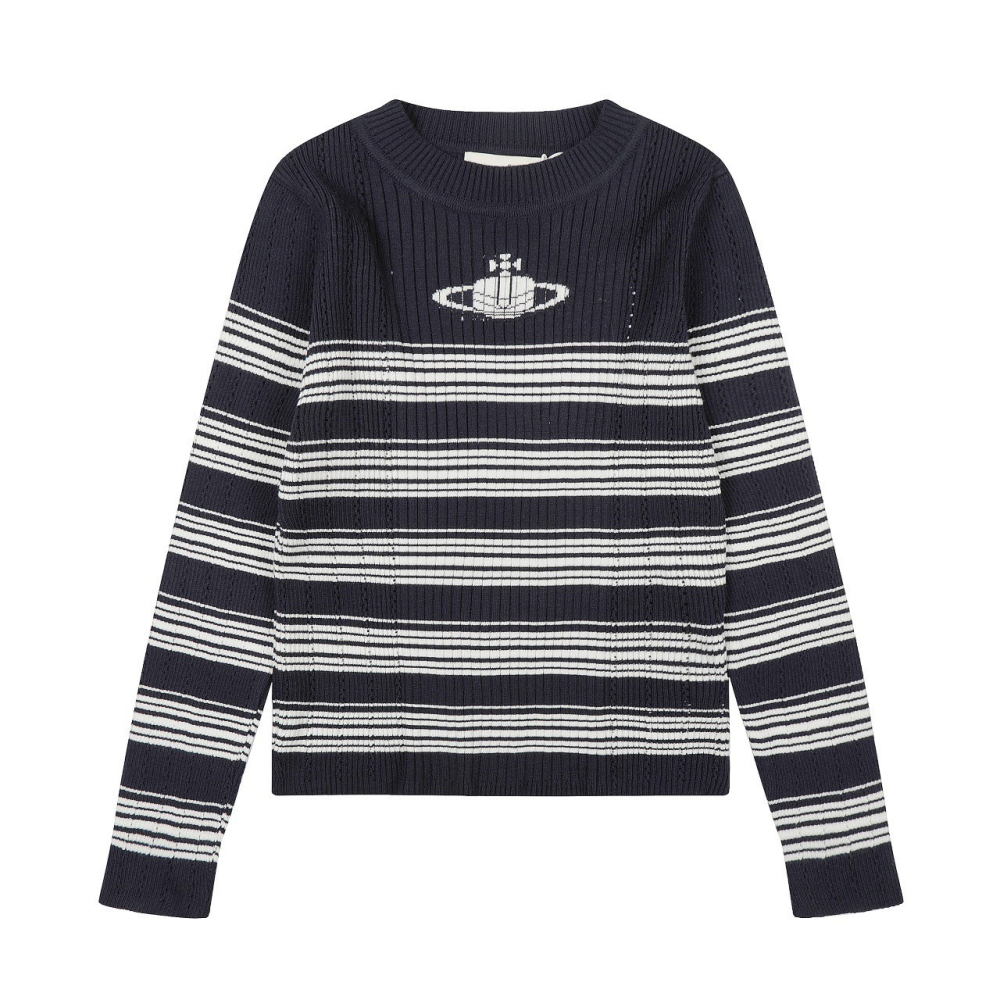 【季得運動】vivienne westwood 25經典土星條紋圓領羊毛針織衫長袖 白色藍色。51280C-細節圖8