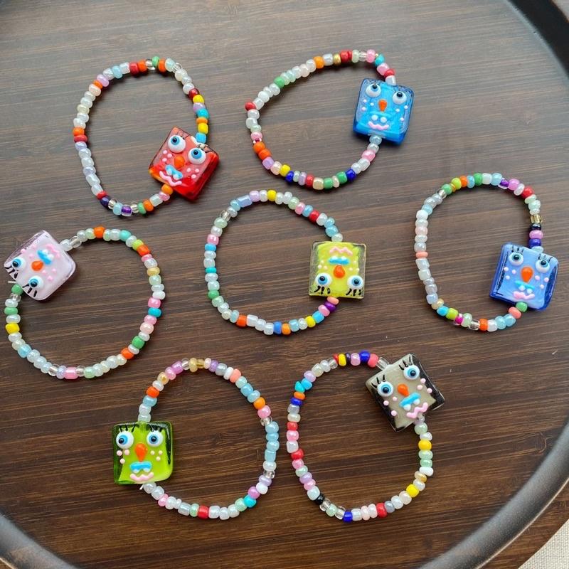時尚潮流  可愛琉璃小怪獸 手創 卡通 串珠彈力 手鍊-細節圖2