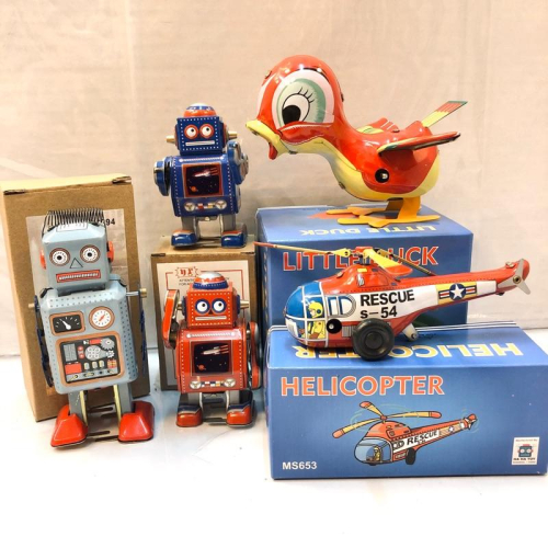 發條鐵皮玩具 小天線機器人 太空機器人 跳跳鴨子 直升機 古早味 收藏 復古 懷舊 老玩具 交換禮物 聖誕禮物 生日禮物