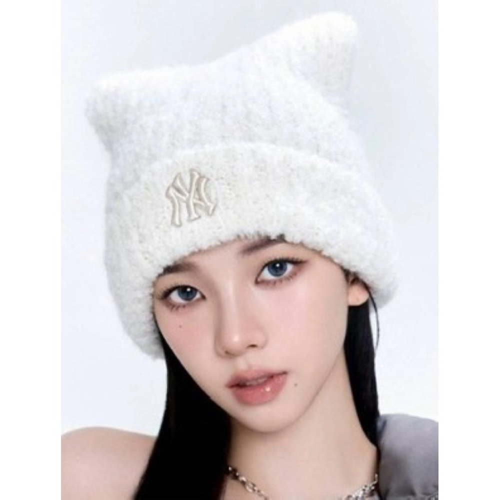 韓國 MLB 貓耳針織帽 泰迪絨 毛圈毛帽 惡魔角帽子 護耳針織帽 冬季穿搭 明星同款 Karina aespa-細節圖2