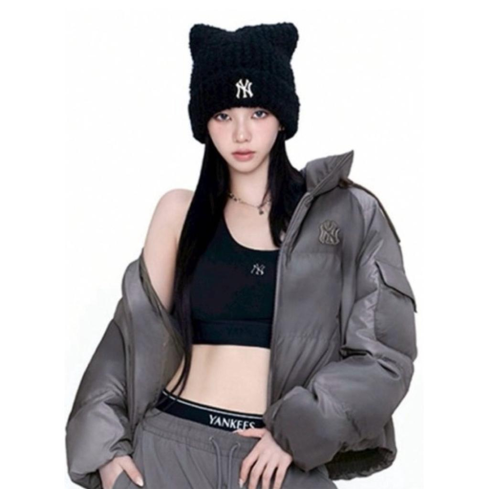 韓國 MLB 貓耳針織帽 泰迪絨 毛圈毛帽 惡魔角帽子 護耳針織帽 冬季穿搭 明星同款 Karina aespa-細節圖3