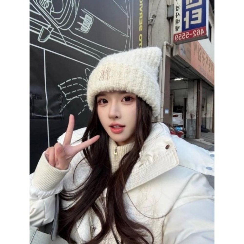 韓國 MLB 貓耳針織帽 泰迪絨 毛圈毛帽 惡魔角帽子 護耳針織帽 冬季穿搭 明星同款 Karina aespa-細節圖5