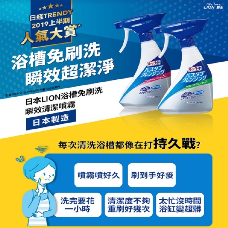 日本獅王 浴槽免刷洗瞬效噴霧500ml 清新柑橘/溫和皂香/馬桶清潔劑450ml-細節圖8