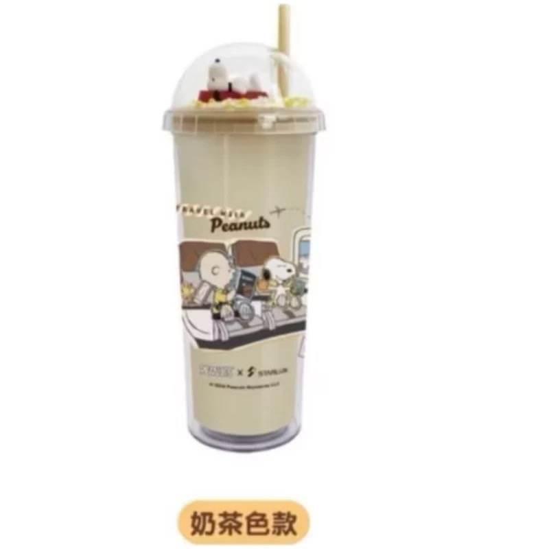 SNOOPY史努比X星宇航空聯名 公仔吸管冷飲杯（奶茶色款）-規格圖1