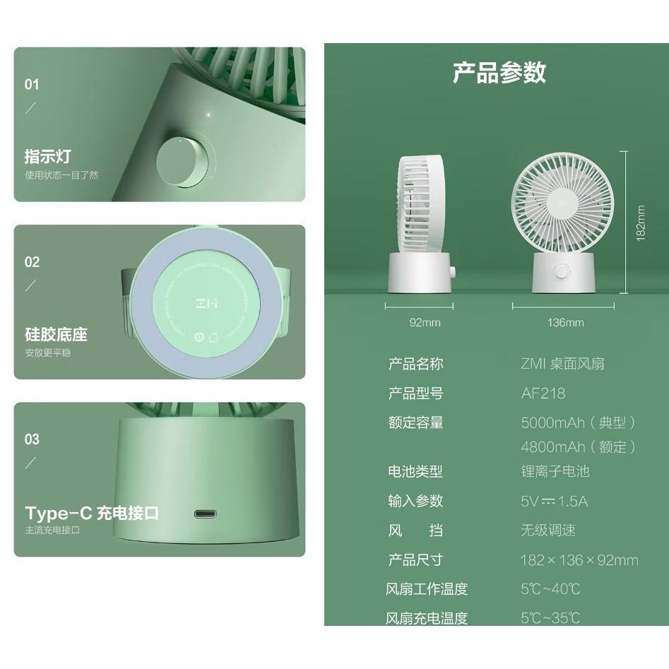 現貨便宜出售ZMI 紫米 AF218 桌面風扇 強勁風力 持久續行 自動擺頭 可調仰角 無段變速 前蓋可拆七片葉片-細節圖9