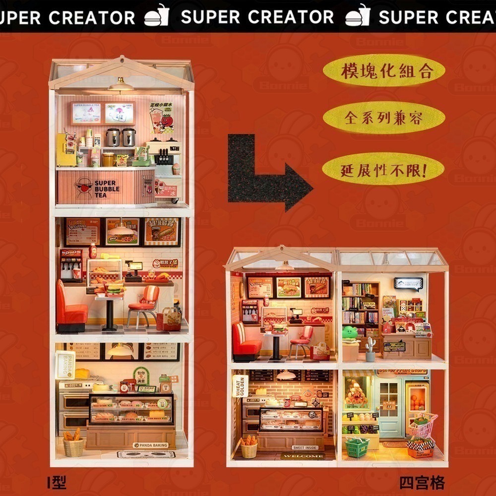 Robotime Rolife 超級世界 超級商店 含燈 diy手工小屋 袖珍屋 益智拼裝 桌面擺件裝飾-細節圖5