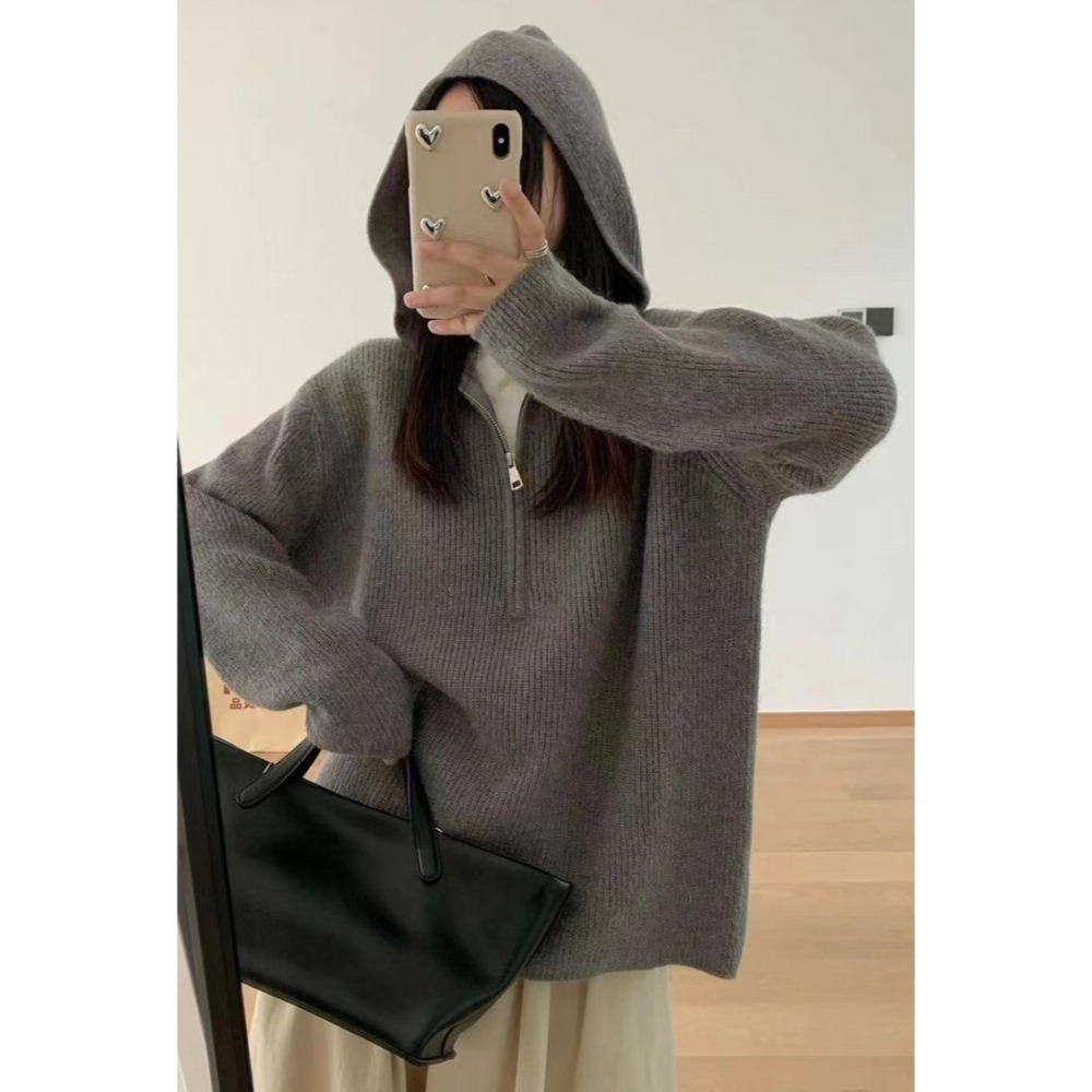 S.C 優衣館 秋冬新款 韓版 超萌 針織連帽 拉鍊 連帽上衣 長袖上衣 修飾 百搭 素色 減齡款 現貨女裝-細節圖2