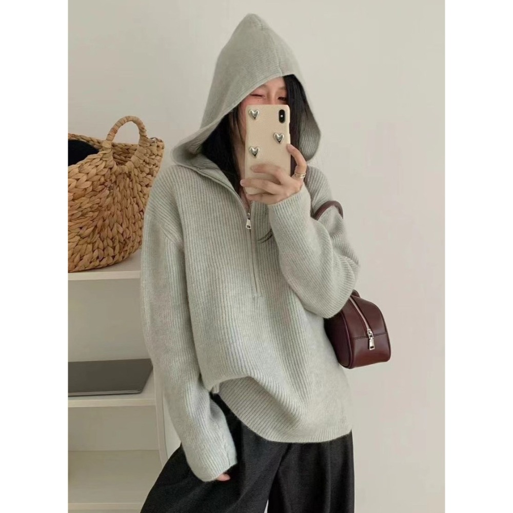 S.C 優衣館 秋冬新款 韓版 超萌 針織連帽 拉鍊 連帽上衣 長袖上衣 修飾 百搭 素色 減齡款 現貨女裝-細節圖6