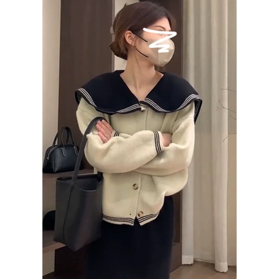 S.C 優衣館 韓版 秋冬新款 甜美 海軍 翻領 撞色毛衣 針織外套 釦式 長袖 減齡穿搭 約會 必備款 現貨女裝-細節圖3