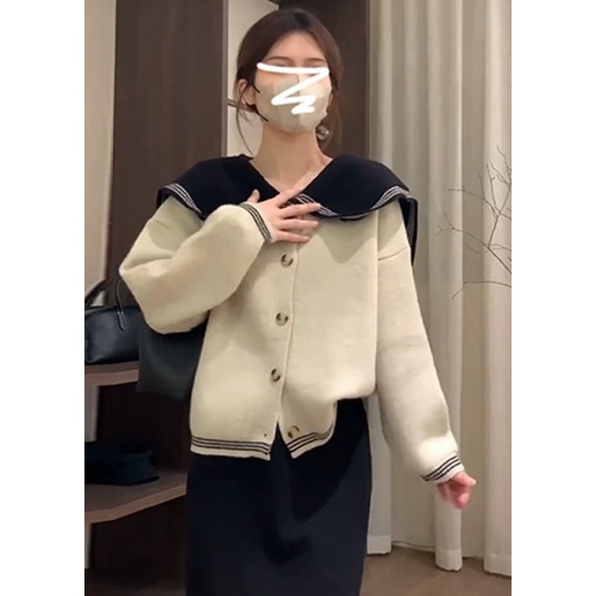 S.C 優衣館 韓版 秋冬新款 甜美 海軍 翻領 撞色毛衣 針織外套 釦式 長袖 減齡穿搭 約會 必備款 現貨女裝-細節圖4