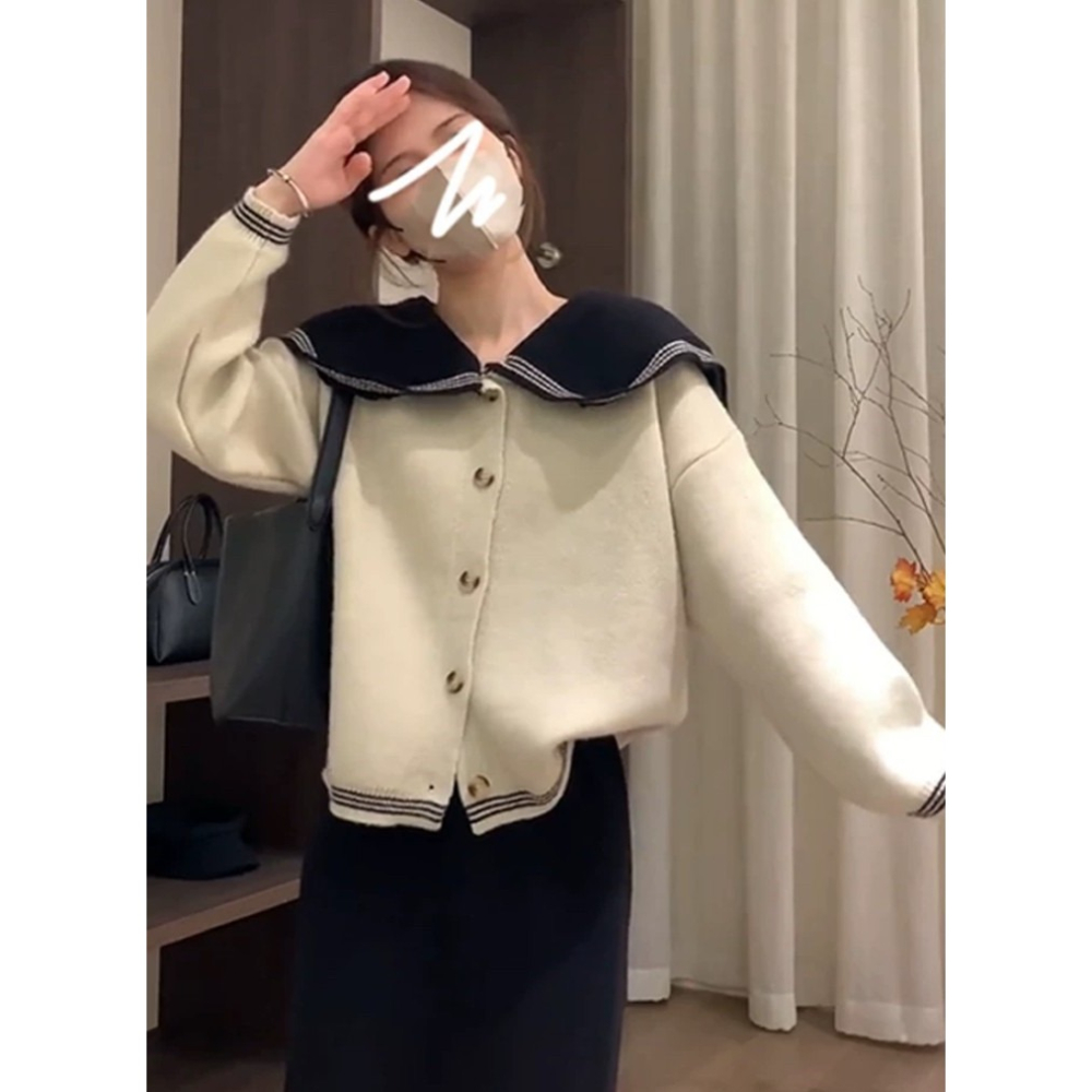 S.C 優衣館 韓版 秋冬新款 甜美 海軍 翻領 撞色毛衣 針織外套 釦式 長袖 減齡穿搭 約會 必備款 現貨女裝-細節圖5