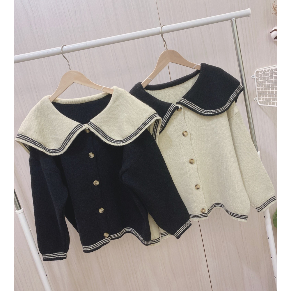 S.C 優衣館 韓版 秋冬新款 甜美 海軍 翻領 撞色毛衣 針織外套 釦式 長袖 減齡穿搭 約會 必備款 現貨女裝-細節圖9