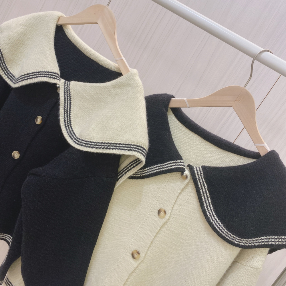 S.C 優衣館 韓版 秋冬新款 甜美 海軍 翻領 撞色毛衣 針織外套 釦式 長袖 減齡穿搭 約會 必備款 現貨女裝-細節圖10