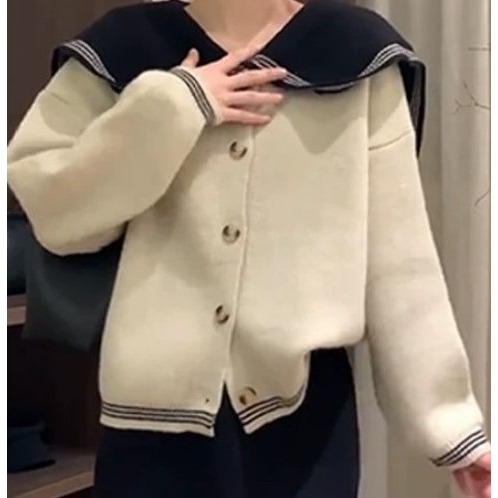 S.C 優衣館 韓版 秋冬新款 甜美 海軍 翻領 撞色毛衣 針織外套 釦式 長袖 減齡穿搭 約會 必備款 現貨女裝-規格圖10