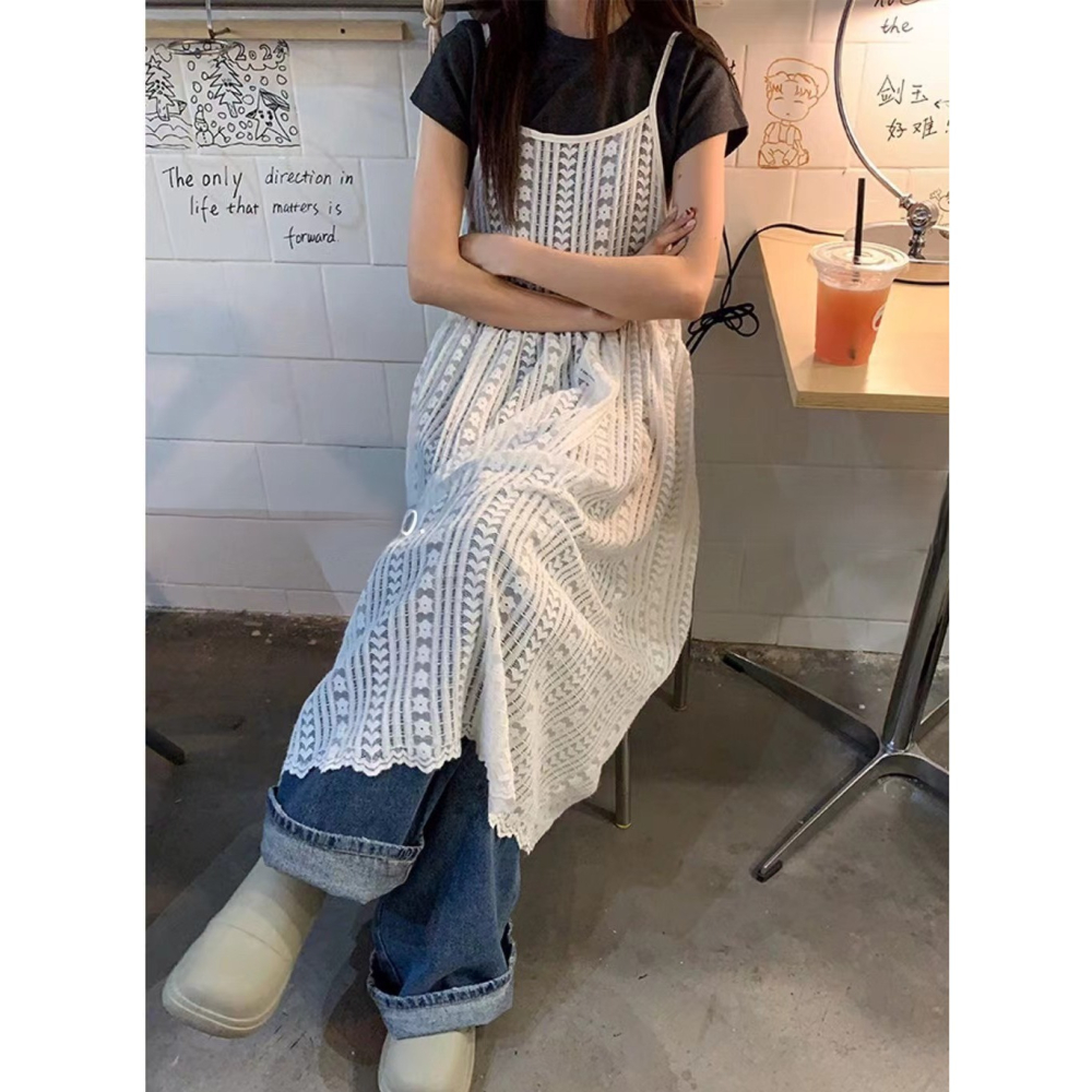 S.C優衣館 韓版 細肩帶 長版罩衫 裙裝 細肩修飾 蕾絲鏤空 洋裝 氣質 仙女風 現貨女裝-細節圖4