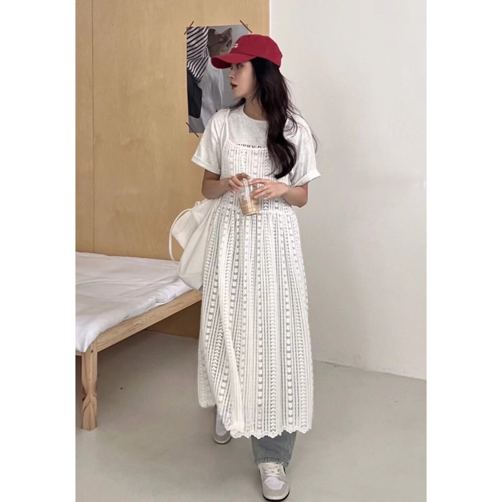 S.C優衣館 韓版 細肩帶 長版罩衫 裙裝 細肩修飾 蕾絲鏤空 洋裝 氣質 仙女風 現貨女裝-細節圖7