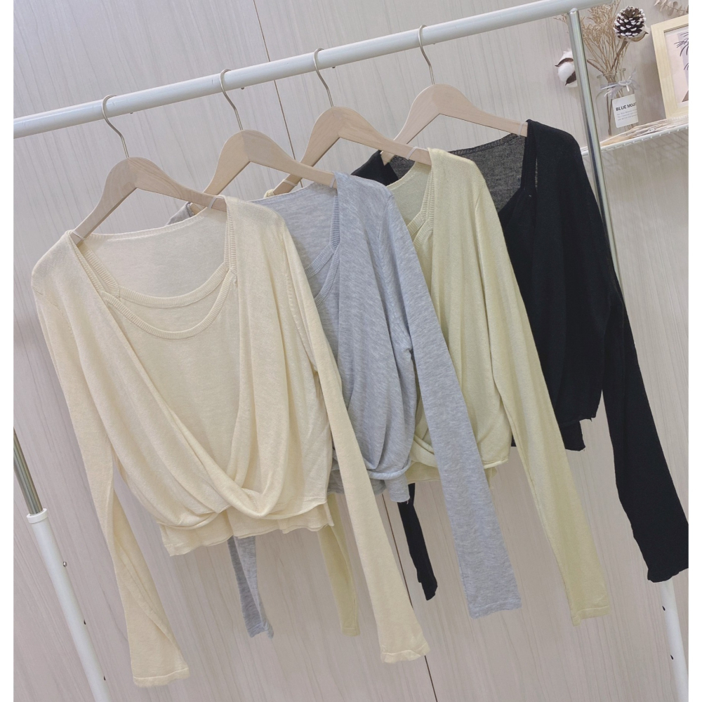 S.C優衣館 約會必備款 下擺交叉 細肩背心 2件組 長袖上衣 短版上衣 針織上衣 小心機 甜美款 小露性感 現貨女裝-細節圖5