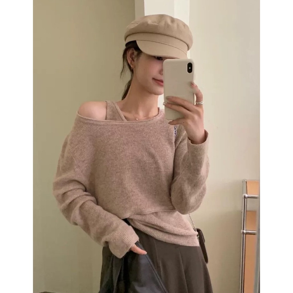 S.C 優衣館 秋冬新款 甜美 微性感 小露肩 背心+上衣 二件組 針織上衣 長袖 背心 短版 俏麗 約會款 現貨女裝-細節圖3