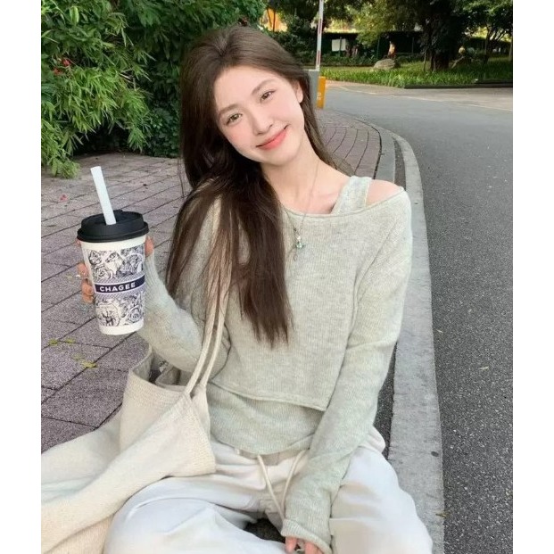 S.C 優衣館 秋冬新款 甜美 微性感 小露肩 背心+上衣 二件組 針織上衣 長袖 背心 短版 俏麗 約會款 現貨女裝-細節圖6