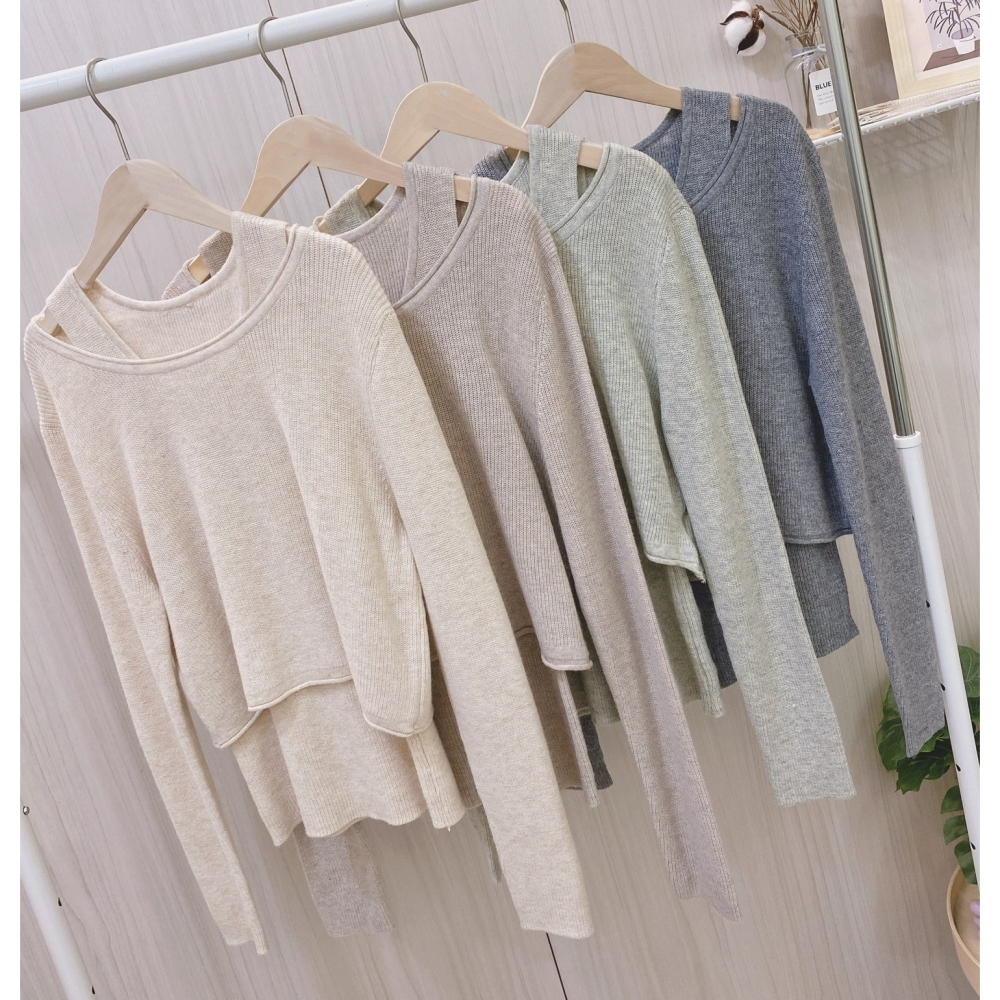 S.C 優衣館 秋冬新款 甜美 微性感 小露肩 背心+上衣 二件組 針織上衣 長袖 背心 短版 俏麗 約會款 現貨女裝-細節圖9