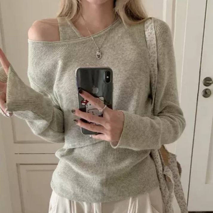 S.C 優衣館 秋冬新款 甜美 微性感 小露肩 背心+上衣 二件組 針織上衣 長袖 背心 短版 俏麗 約會款 現貨女裝-規格圖9