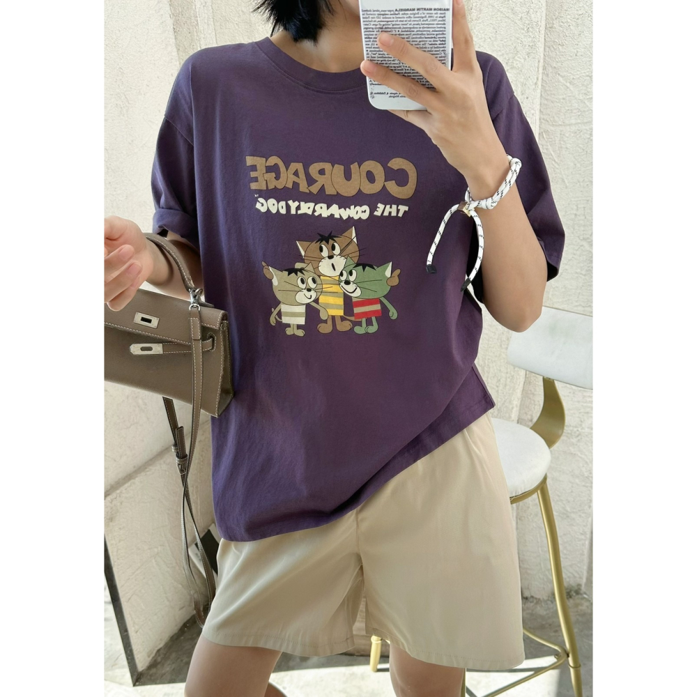 S.C優衣館 春夏新款 俏皮小貓 搞怪圖樣 圓領T 短袖上衣 T恤 中性款 百搭 基本款 減齡 休閒風 上衣 現貨女裝-細節圖2