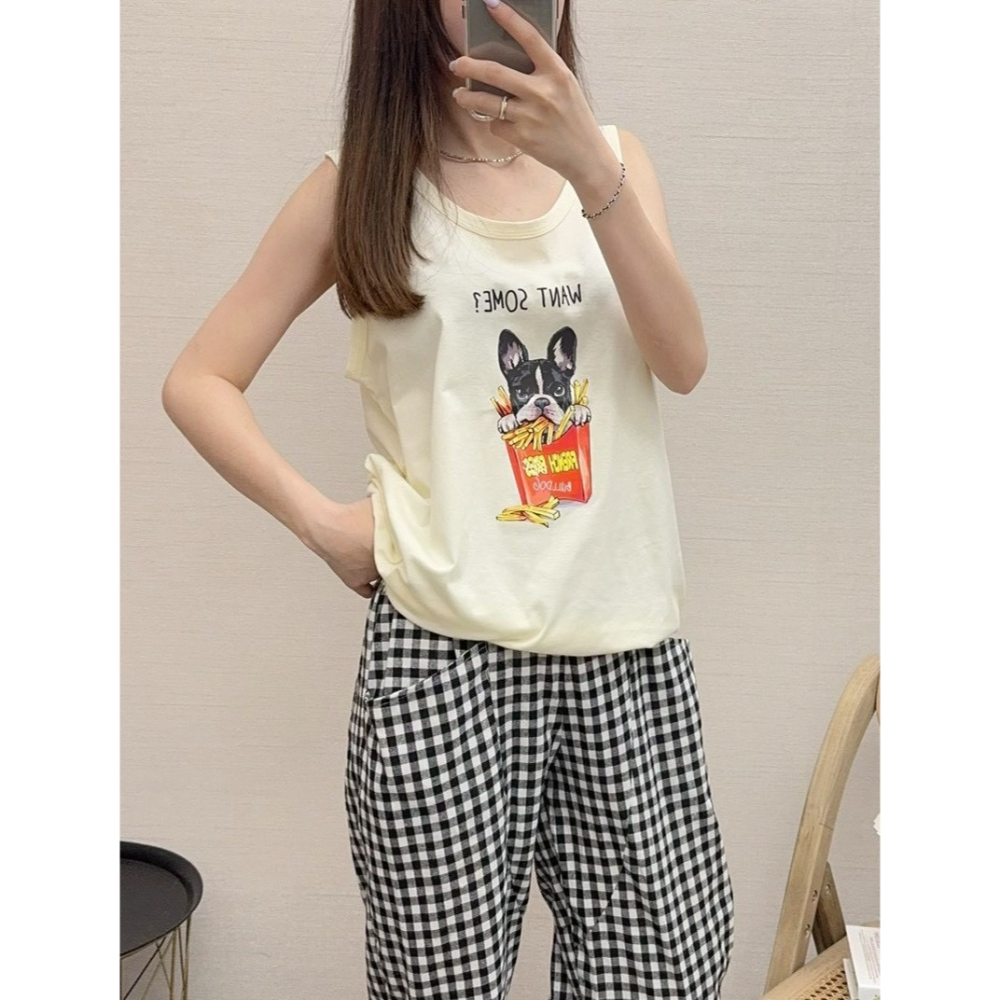 S.C優衣館 夏日必備款 小鬥牛 趣味圖樣 圓領背心 波士頓梗 薯條圖樣 休閒百搭 圓領 背心 女上衣 現貨 女裝-細節圖2