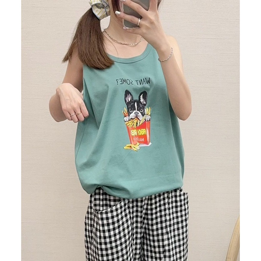 S.C優衣館 夏日必備款 小鬥牛 趣味圖樣 圓領背心 波士頓梗 薯條圖樣 休閒百搭 圓領 背心 女上衣 現貨 女裝-規格圖8