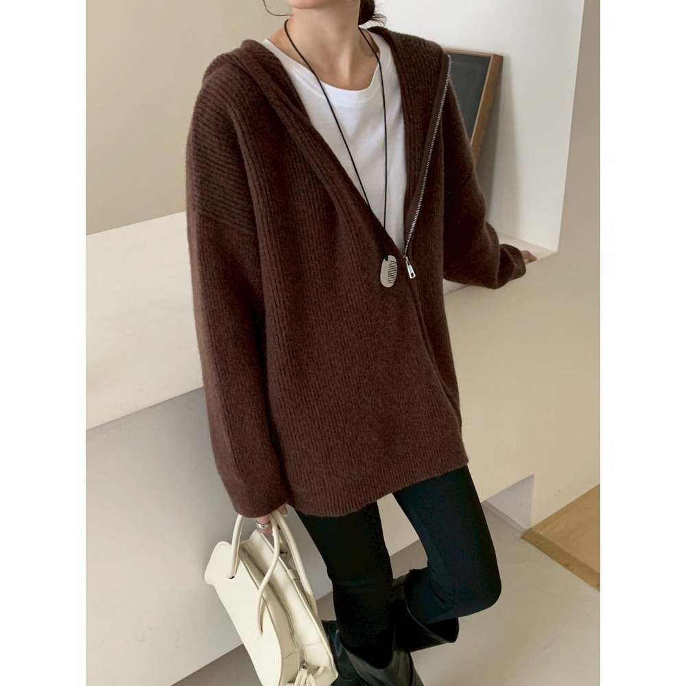 S.C優衣館 新款 斜拉鍊 連帽 針織外套 拉鍊上下開 顯瘦 遮肉肉 好穿搭 外套 多種穿法 罩衫 長袖上衣 現貨女裝-細節圖2