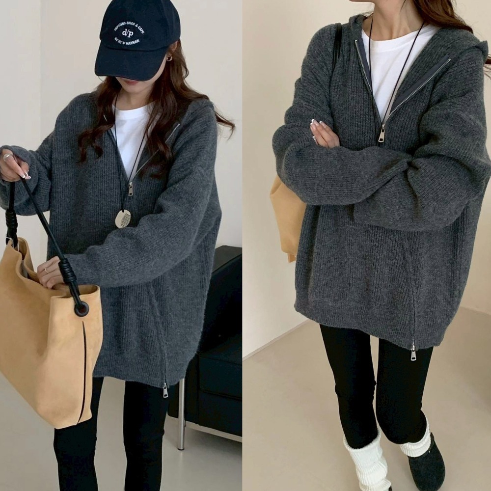 S.C優衣館 新款 斜拉鍊 連帽 針織外套 拉鍊上下開 顯瘦 遮肉肉 好穿搭 外套 多種穿法 罩衫 長袖上衣 現貨女裝-細節圖3