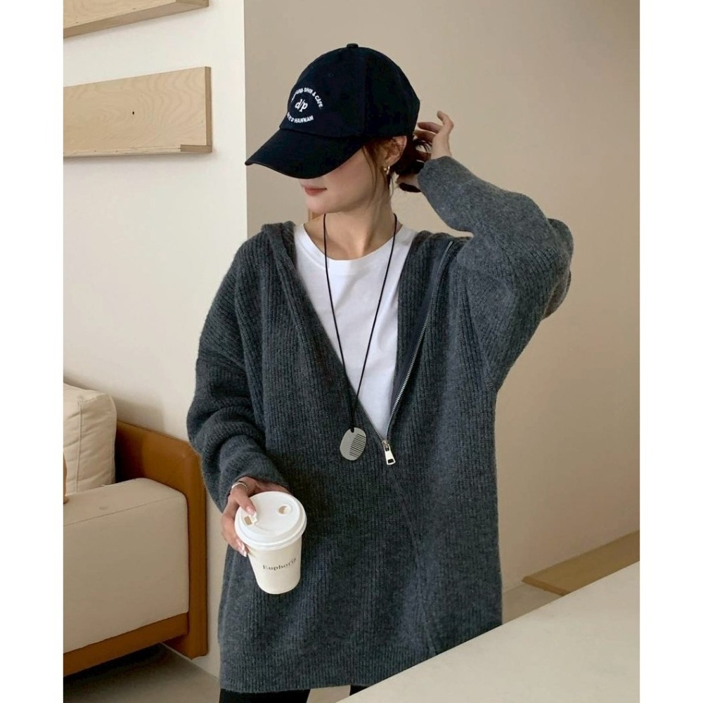 S.C優衣館 新款 斜拉鍊 連帽 針織外套 拉鍊上下開 顯瘦 遮肉肉 好穿搭 外套 多種穿法 罩衫 長袖上衣 現貨女裝-細節圖5