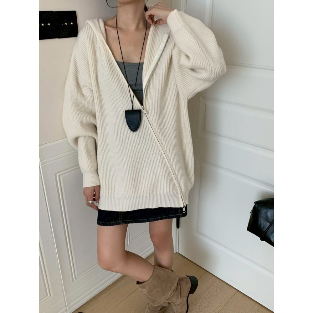 S.C優衣館 新款 斜拉鍊 連帽 針織外套 拉鍊上下開 顯瘦 遮肉肉 好穿搭 外套 多種穿法 罩衫 長袖上衣 現貨女裝-細節圖6