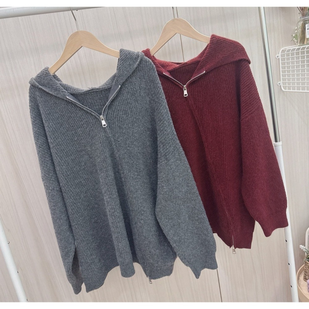 S.C優衣館 新款 斜拉鍊 連帽 針織外套 拉鍊上下開 顯瘦 遮肉肉 好穿搭 外套 多種穿法 罩衫 長袖上衣 現貨女裝-細節圖7