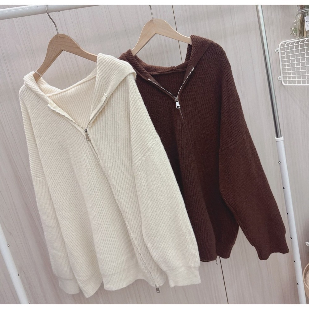 S.C優衣館 新款 斜拉鍊 連帽 針織外套 拉鍊上下開 顯瘦 遮肉肉 好穿搭 外套 多種穿法 罩衫 長袖上衣 現貨女裝-細節圖9