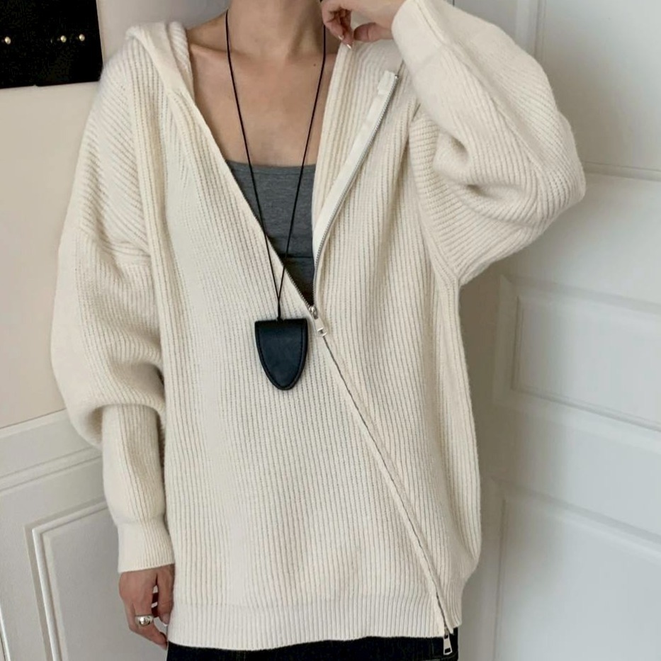 S.C優衣館 新款 斜拉鍊 連帽 針織外套 拉鍊上下開 顯瘦 遮肉肉 好穿搭 外套 多種穿法 罩衫 長袖上衣 現貨女裝-規格圖10